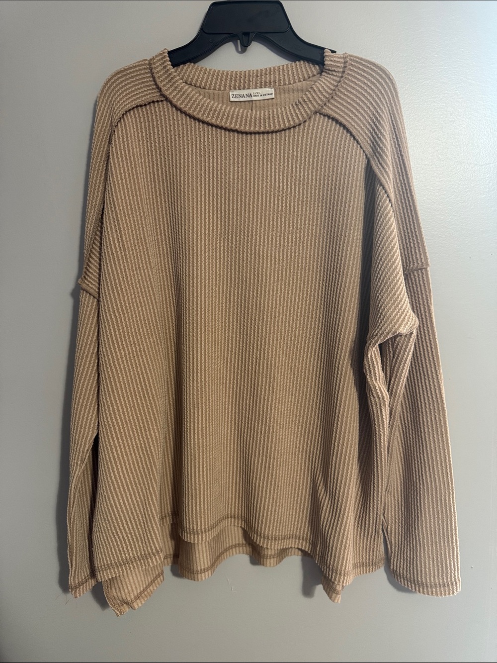 Zenana Outfitters Ribbed Scoop-Neck Sweater in Taupe